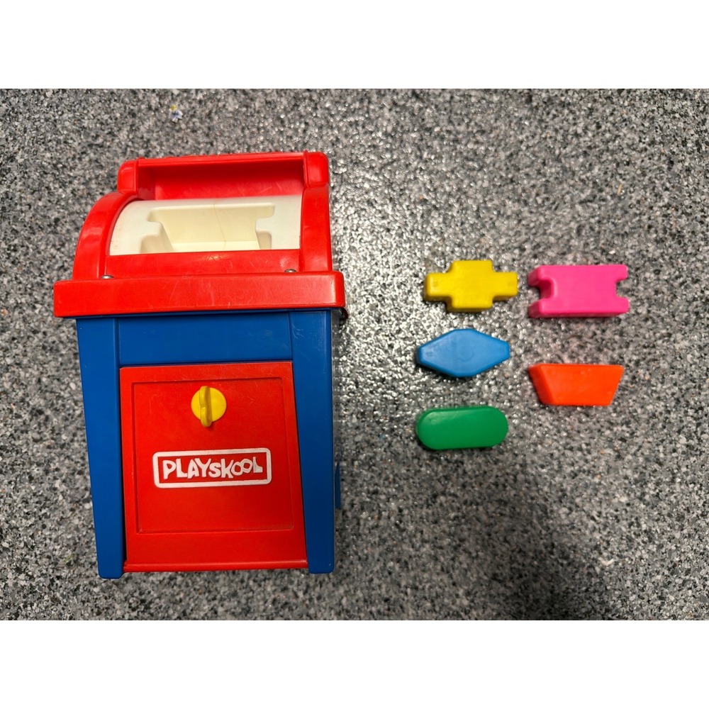 Vintage Playskool Postal Station Shape Sorter Toy Red Blue Mailbox with 5 Shapes